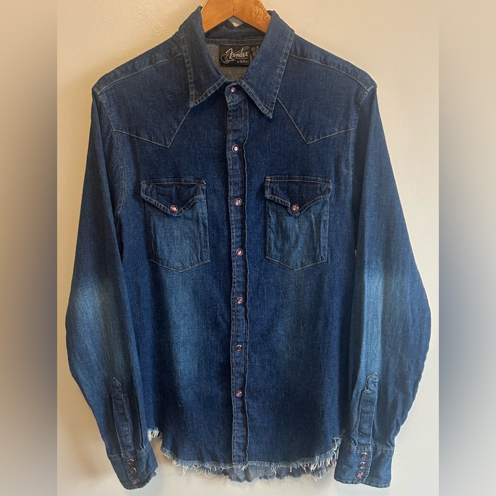 Vintage Da Vinci Fender Collection Shirt Mens Denim Purple Pearl Snap Size M